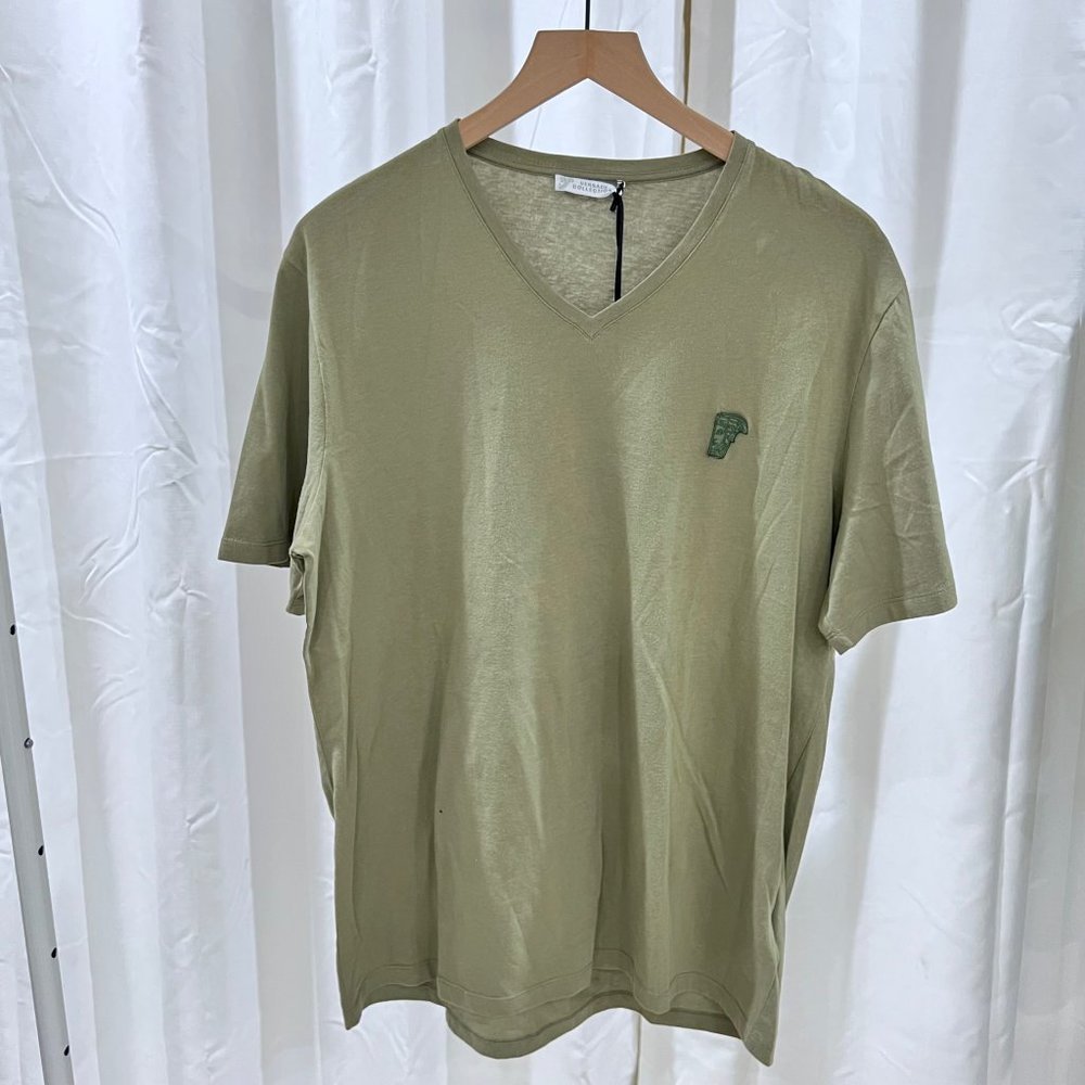 Versace Collection V-neck Military Olive Half Face Medusa Logo Tshirt